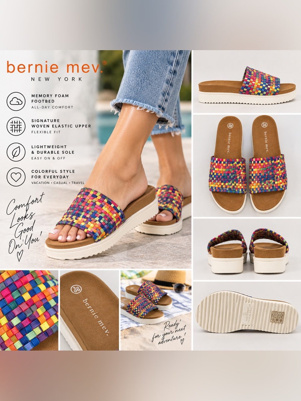 Bernie Mev Capri Rainbow Woven Memory Foam Slide Sandals Women’s 6 NWT